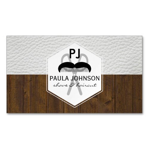 White Leather Wood Variation Barber Monogram Business Card Magnet