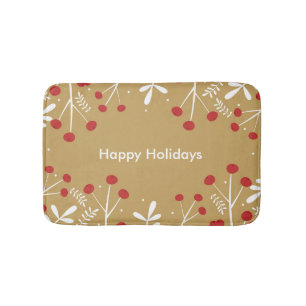 White Leaves & Berries Gold Holiday Christmas Bath Mat