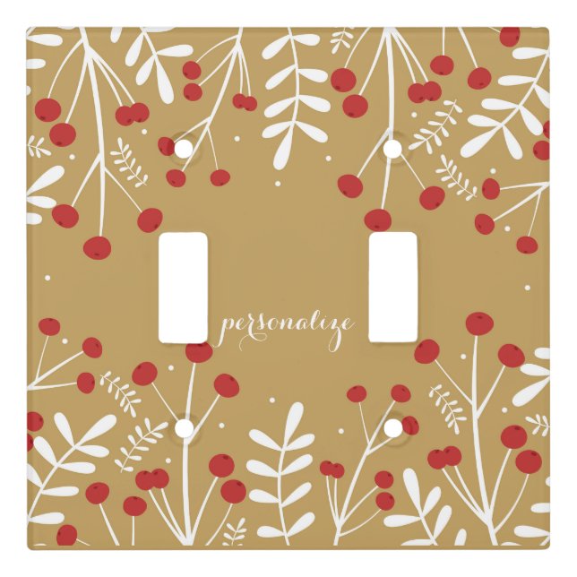 White Leaves & Berries Gold Holiday Christmas Light Switch Cover (Front)