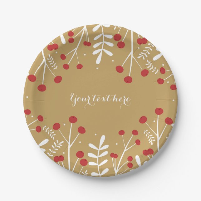 White Leaves & Berries Gold Holiday Christmas Paper Plates (Front)