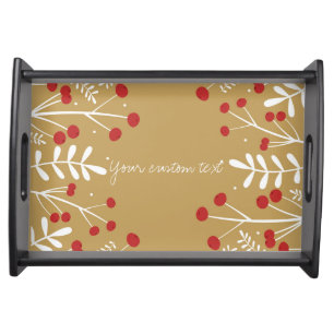 White Leaves & Berries Gold Holiday Christmas Serving Tray