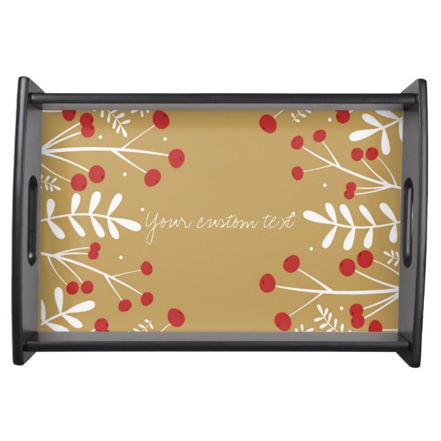 White Leaves & Berries Gold Holiday Christmas Serving Tray (Front)