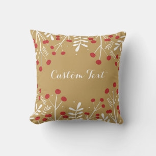White Leaves & Berries Gold Holiday Christmas Throw Pillow