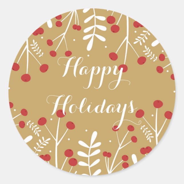 White Leaves & Berries Gold Holiday Favor Classic Round Sticker (Front)