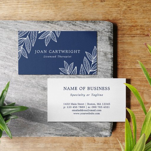 Customizable White Leaves - Dark Blue - Therapist Business Card