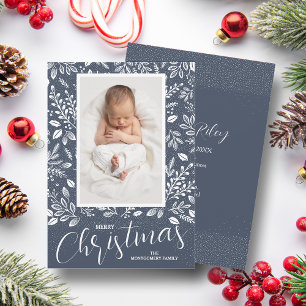 White Leaves Denim Photo Christmas Birth Announcement