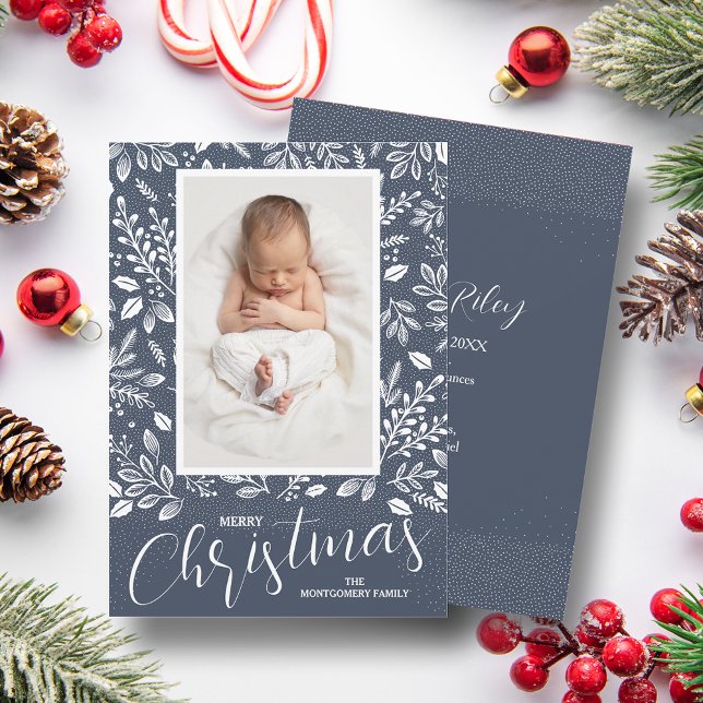 White Leaves Denim Photo Christmas Birth Announcement (Creator Uploaded)