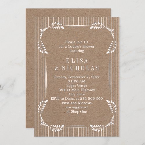 White leaves kraft paper wedding couples shower invitation