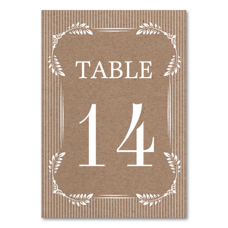 White leaves, kraft paper wedding table number Zazzle