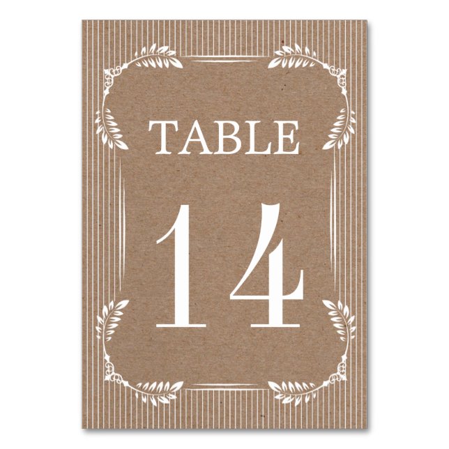 White leaves, kraft paper wedding table number (Front)