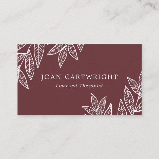 White Leaves & Marsala Therapist Business Card (Front)