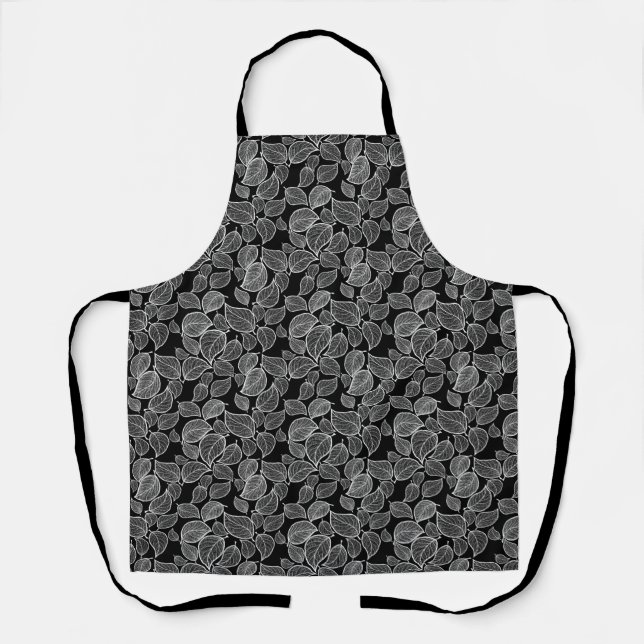 White Leaves on Black All-Over Print Apron (Front)