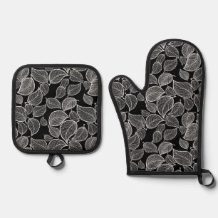 White Leaves on Black Oven Mitt & Pot Holder Set