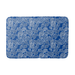White Leaves on Blue Bath Mat