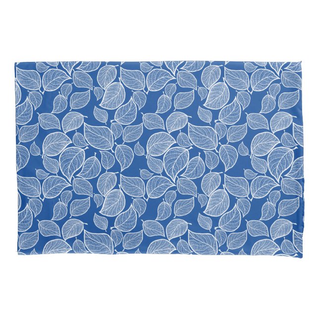 White Leaves on Blue Pillowcase (Front-Left)