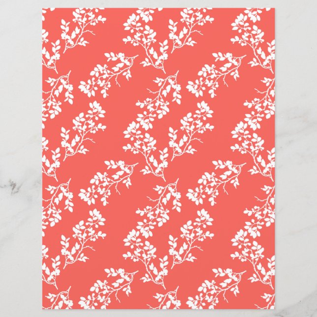 White Leaves on Coral Scrapbook Paper Sheet (Front)