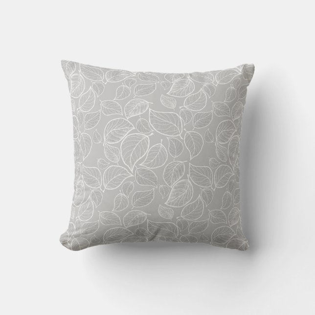 White Leaves on Silver Gray Throw Pillow (Front)