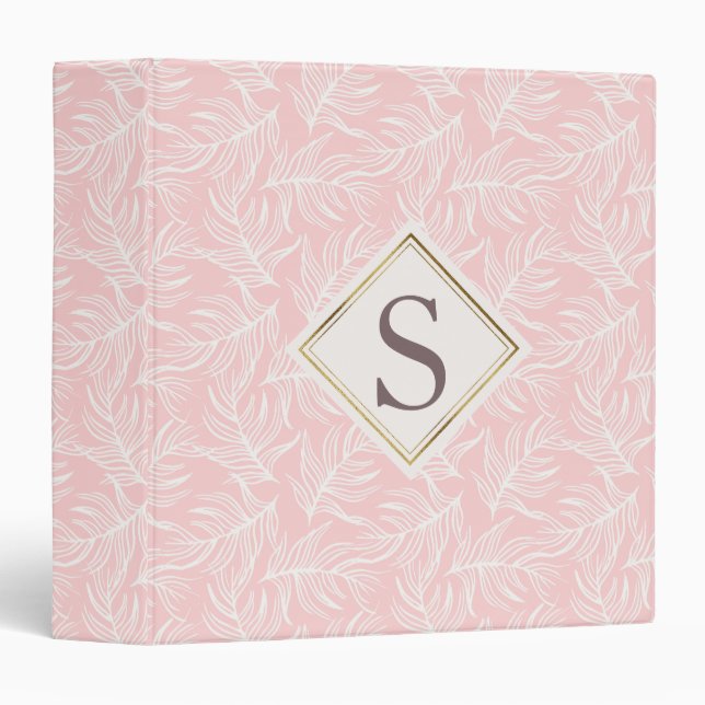 White Leaves on Soft Pink Personalized Monogram 3 Ring Binder (Front/Spine)