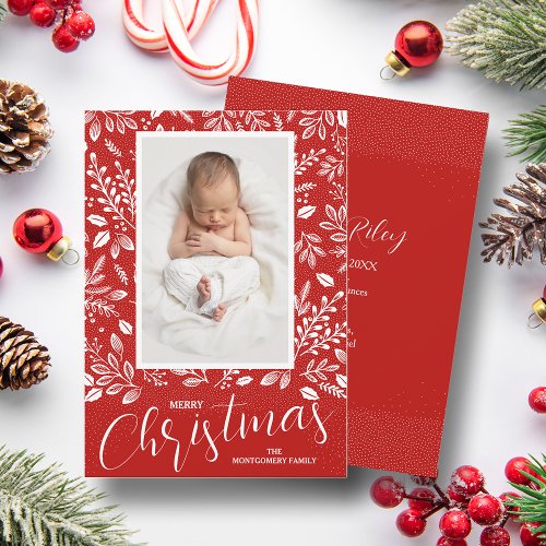 White Leaves Red Photo Christmas Birth Announcement