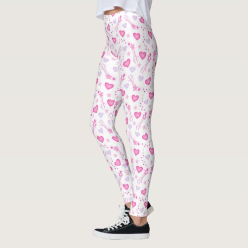 White Leggings for Women with Pink Purple Hearts