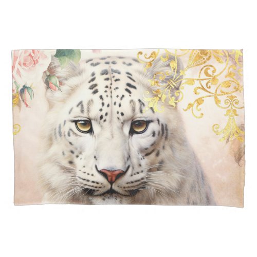 White Leopard and Gold Damask Pillow Case