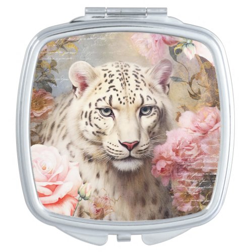 White Leopard and Pink Flowers Compact Mirror