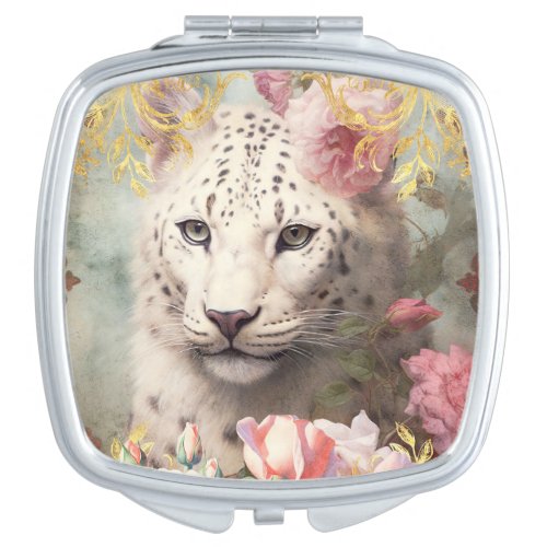 White Leopard and Pink Flowers Compact Mirror