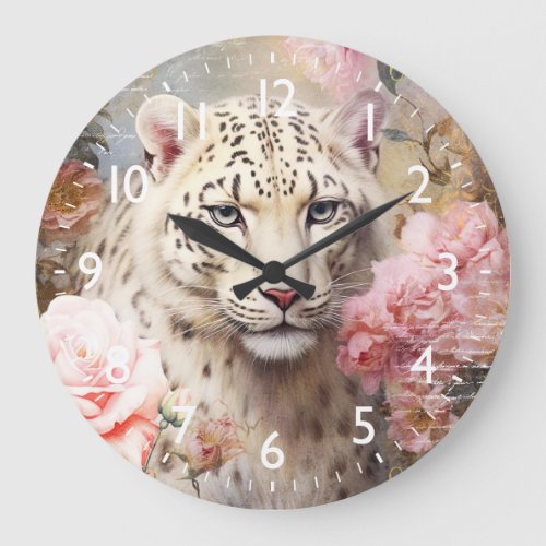 White Leopard and Pink Flowers Large Clock