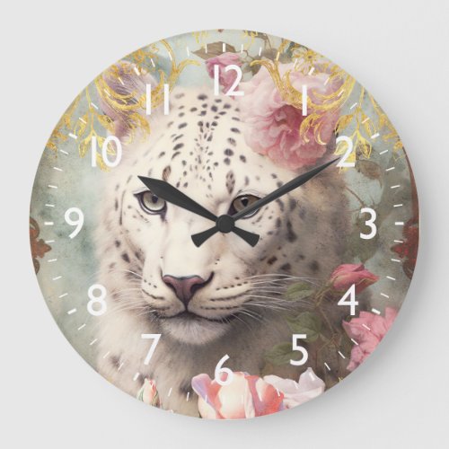 White Leopard and Pink Flowers Large Clock