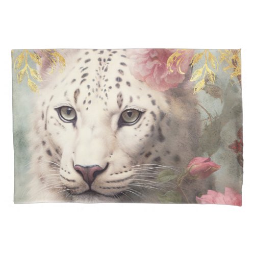 White Leopard and Pink Flowers Pillow Case