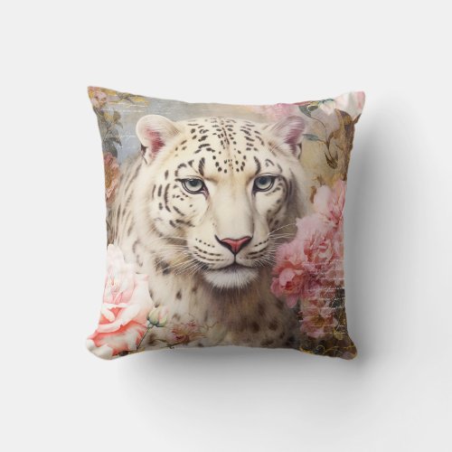 White Leopard and Pink Flowers Throw Pillow