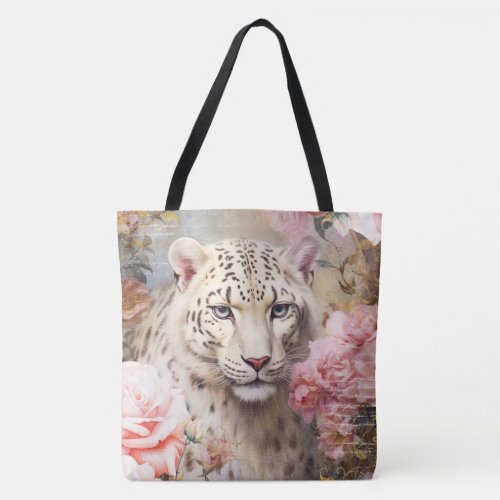 White Leopard and Pink Flowers Tote Bag