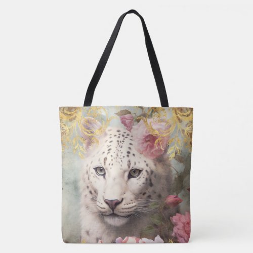 White Leopard and Pink Flowers Tote Bag
