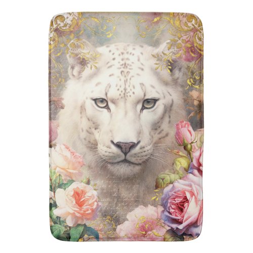 White Leopard and Pink Roses Bath Mat