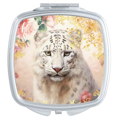 White Leopard and Pink Roses Compact Mirror