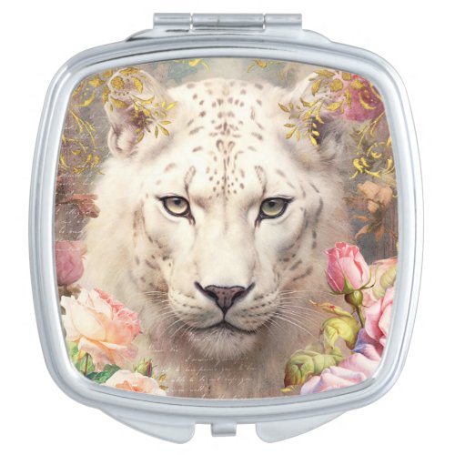 White Leopard and Pink Roses Compact Mirror