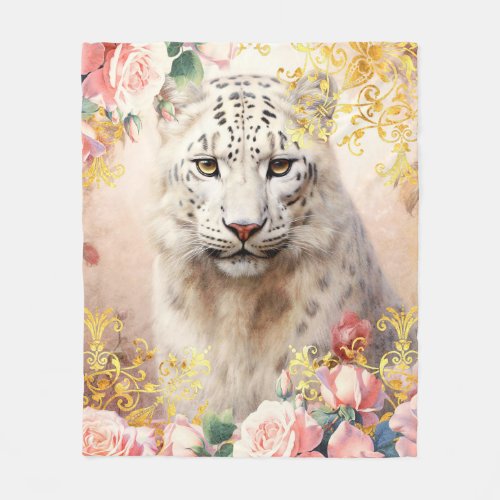 White Leopard and Pink Roses Fleece Blanket