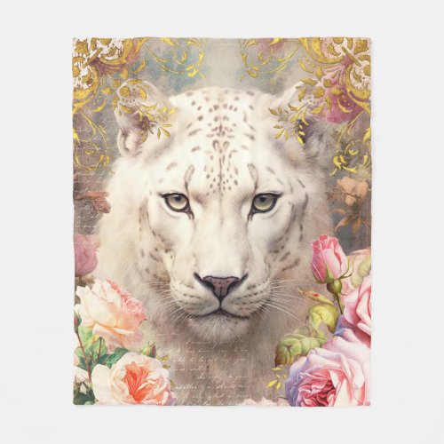 White Leopard and Pink Roses Fleece Blanket