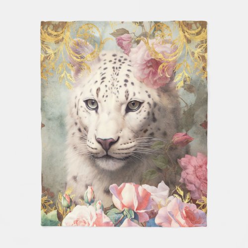 White Leopard and Pink Roses Fleece Blanket