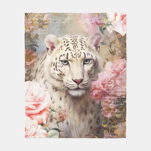 White Leopard and Pink Roses Fleece Blanket