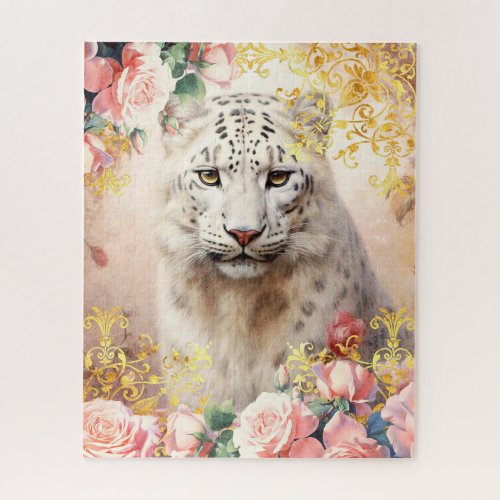 White Leopard and Pink Roses Jigsaw Puzzle