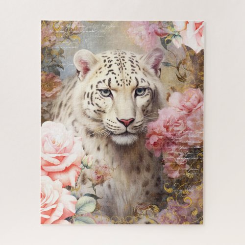 White Leopard and Pink Roses Jigsaw Puzzle