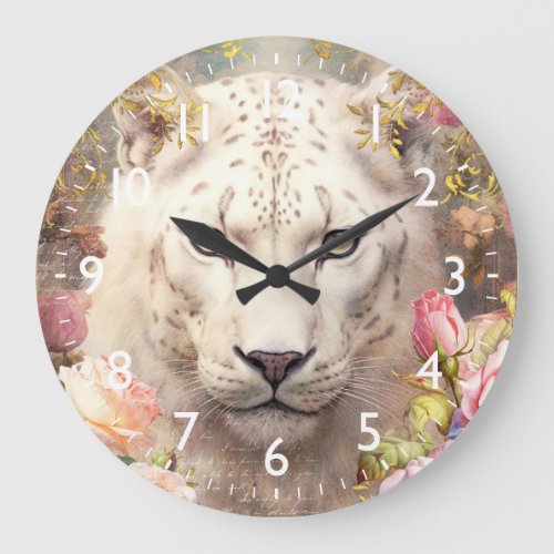 White Leopard and Pink Roses Large Clock