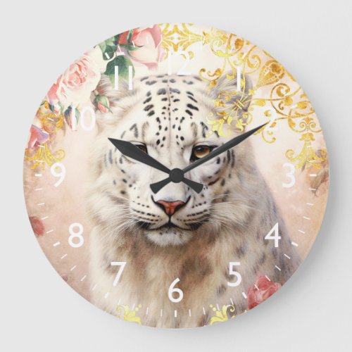 White Leopard and Pink Roses Large Clock