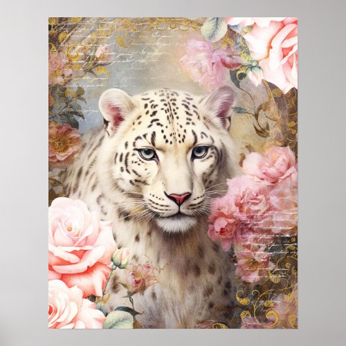 White Leopard and Pink Roses Poster