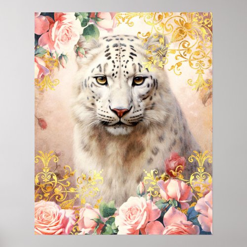 White Leopard and Pink Roses Poster