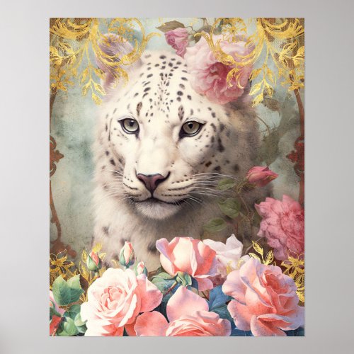 White Leopard and Pink Roses Poster