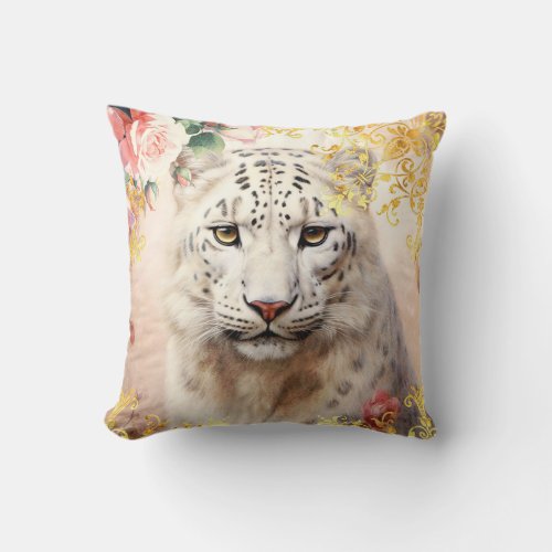 White Leopard and Pink Roses Throw Pillow