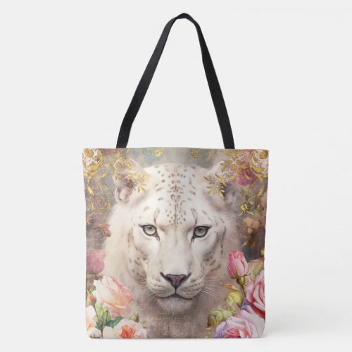 White Leopard and Pink Roses Tote Bag