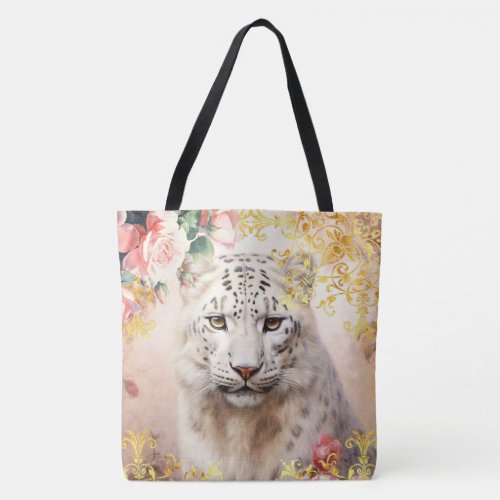 White Leopard and Pink Roses Tote Bag